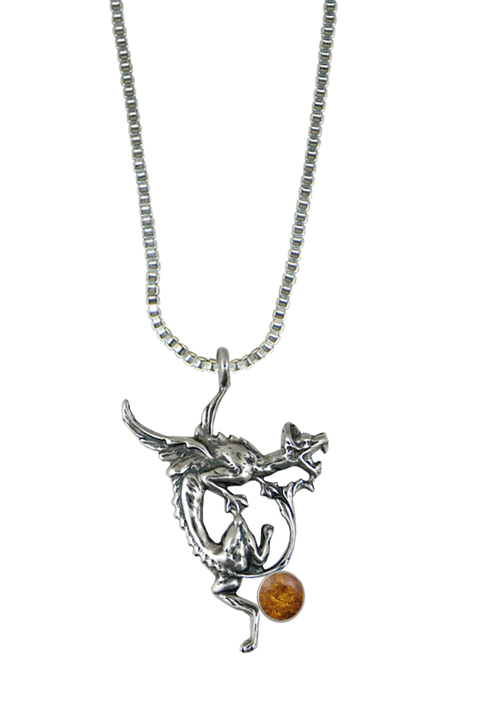 Sterling Silver Screaming Dragon Pendant With Amber
